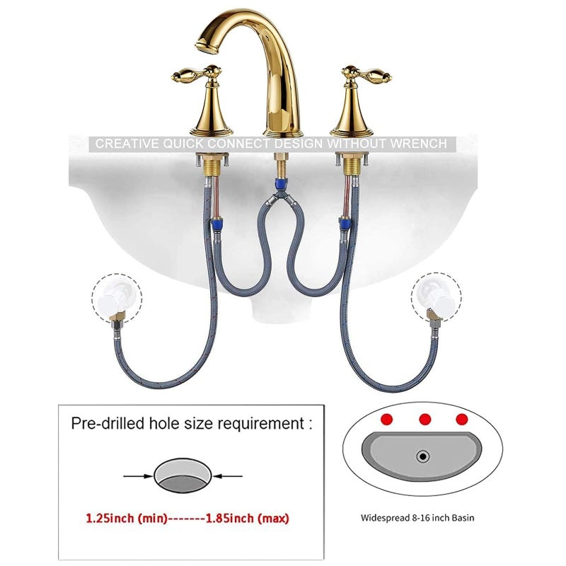 Beelee Gold Solid Brass Widespread Bathroom Faucet 3 Hole Two Handle Deck Mounted Faucet High Arc Lavatory Sink Taps with Ceramic Valve and 2 Hoses, Without Drain - Image 4